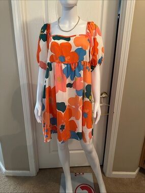 BiBi Multicolor Floral Puff-Sleeve Mini Dress — Orange, Blue, Green, Pink, White